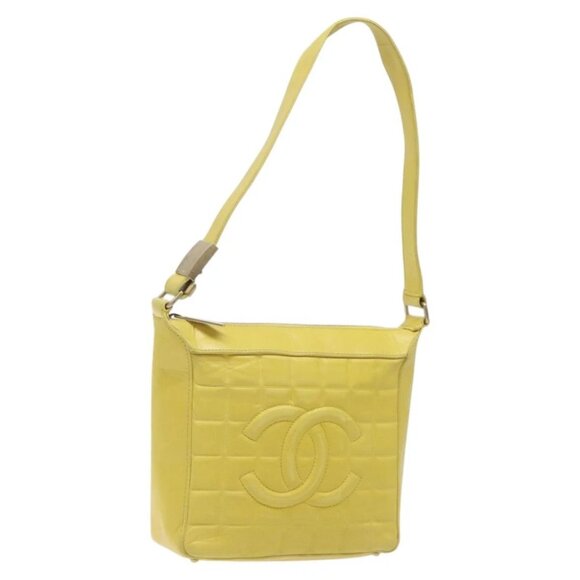 CHANEL Choco Bar COCO Mark Shoulder Bag Lamb Skin Yellow CC Auth gh066 - Picture 1 of 15